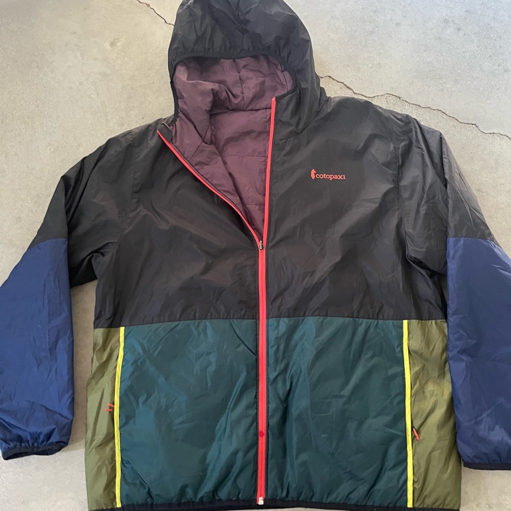 Cotopaxi Men’s Colorblock Reversible Hooded Jacket - Black/Teal/Blue size XXL